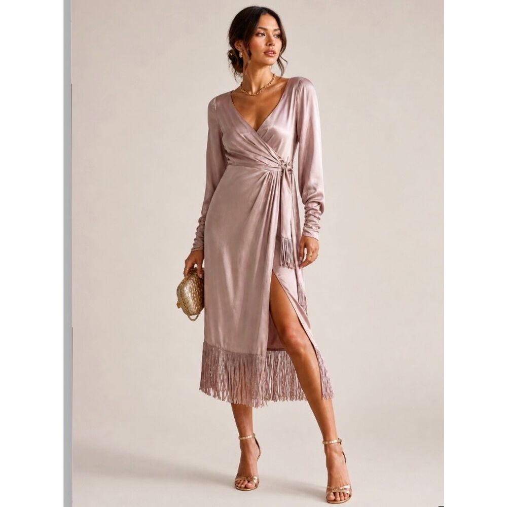 Cinq à Sept Page Silk Wrap Midi Dress Pink Sand Fringe Trim Long Sleeve Sz 4 NWT